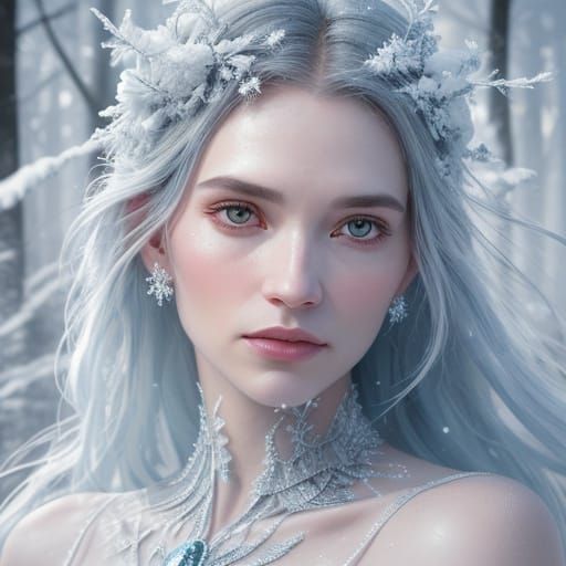 Alien Woman Adorned with Frost Flowers in Forest