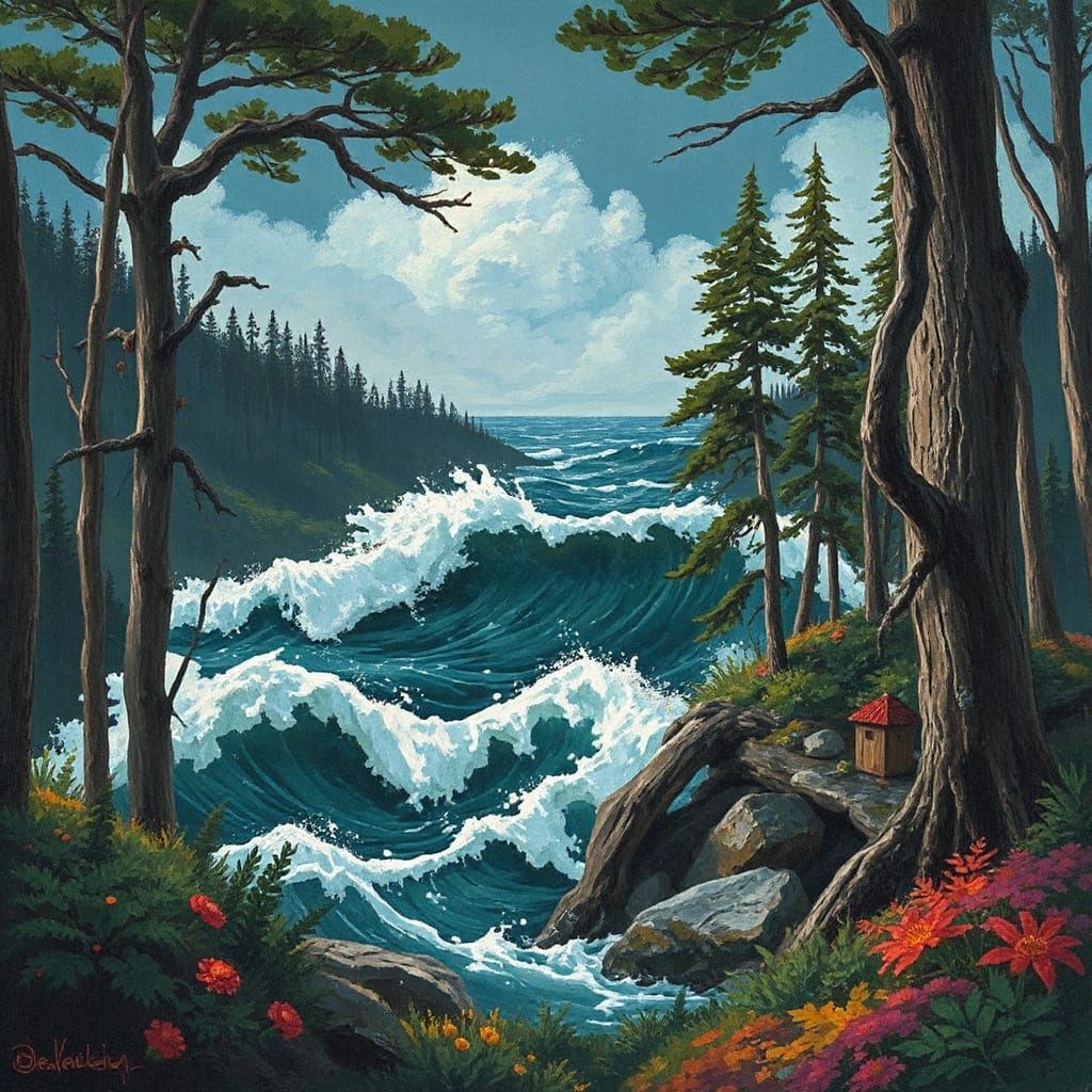 Forest Meets Stormy Sea in Whimsical Art Style