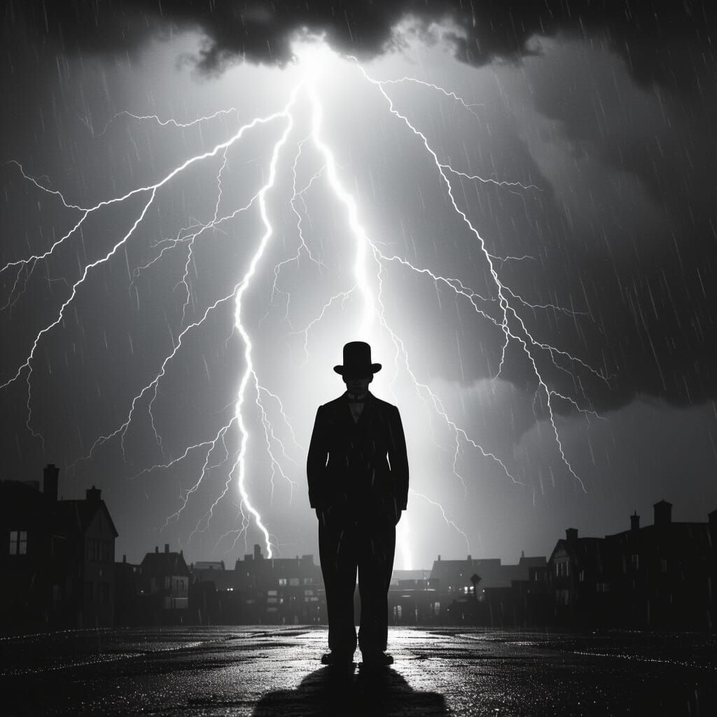 Charlie Chaplin Tramp in Lightning Storm Cinematic Style