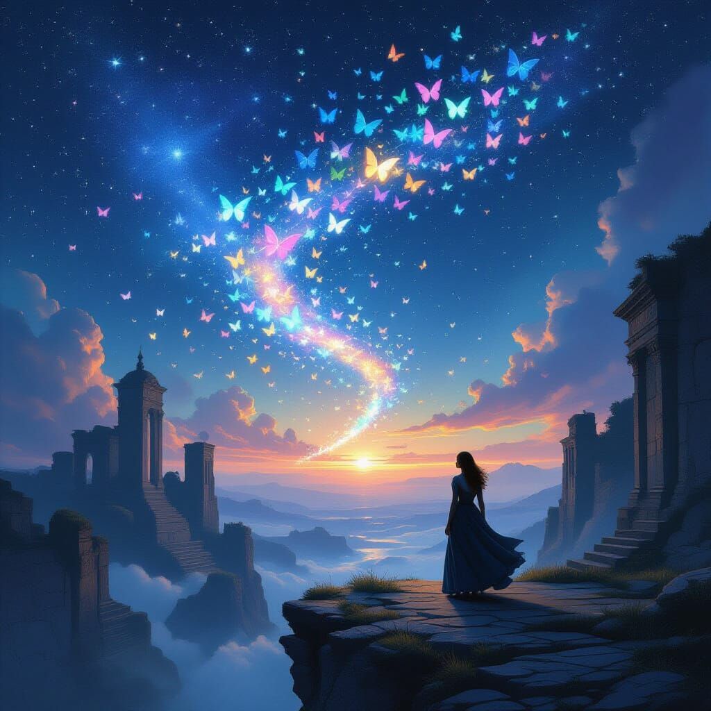 Woman on Precipice Overlooking Starry Sky With Butterflies