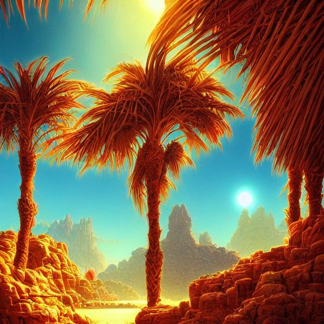 Vibrant Desert Oasis with Mythical Lighting