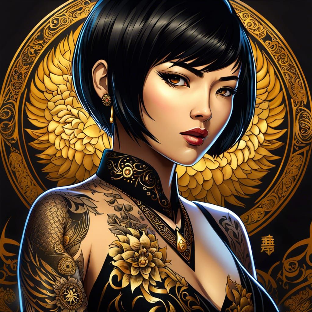 Yakuza Woman with Golden Eyes in Anime Style