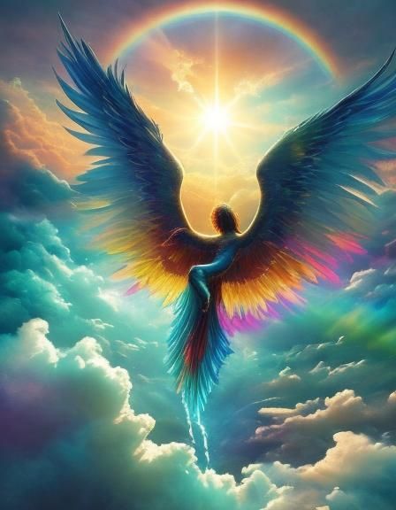 Radiant Angelic Figure with Rainbow Wings