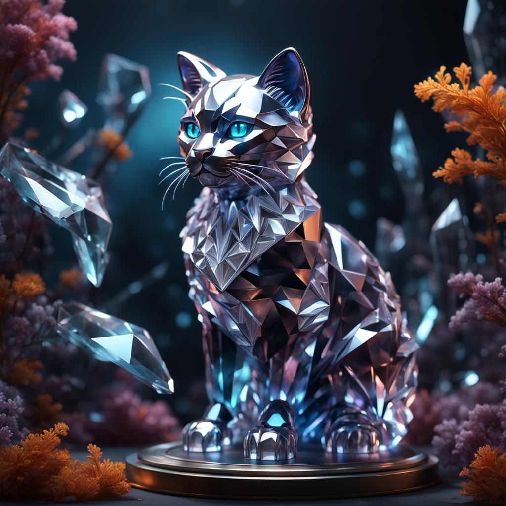 Crystal Cat Sculpture in Detailed Matte Painting Style