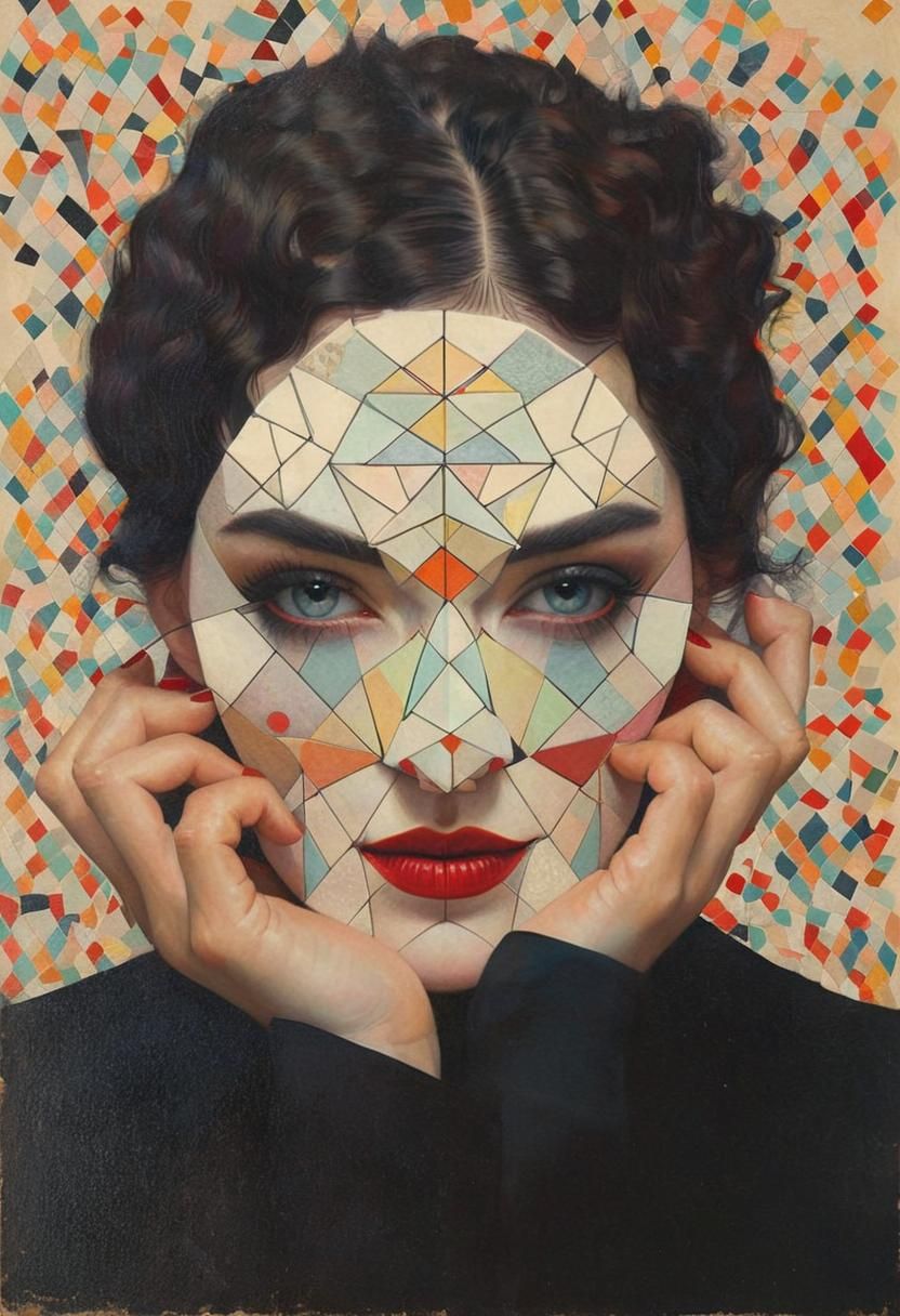 Fragmented Portrait in Geometric Surrealism Style