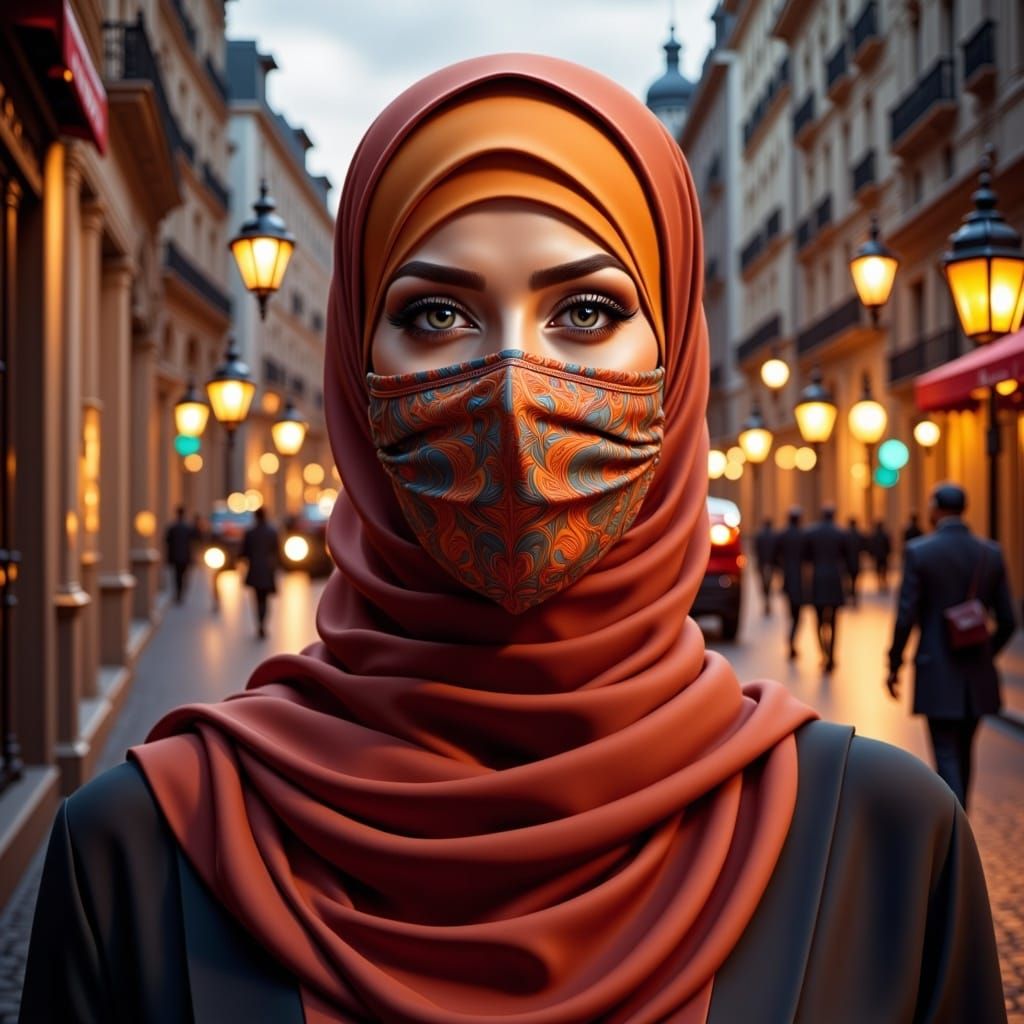 Radiant Hijabi Portrait in Cityscape at Dusk