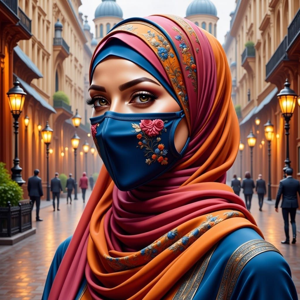 European Woman in Hijab: Impressionist City Portrait