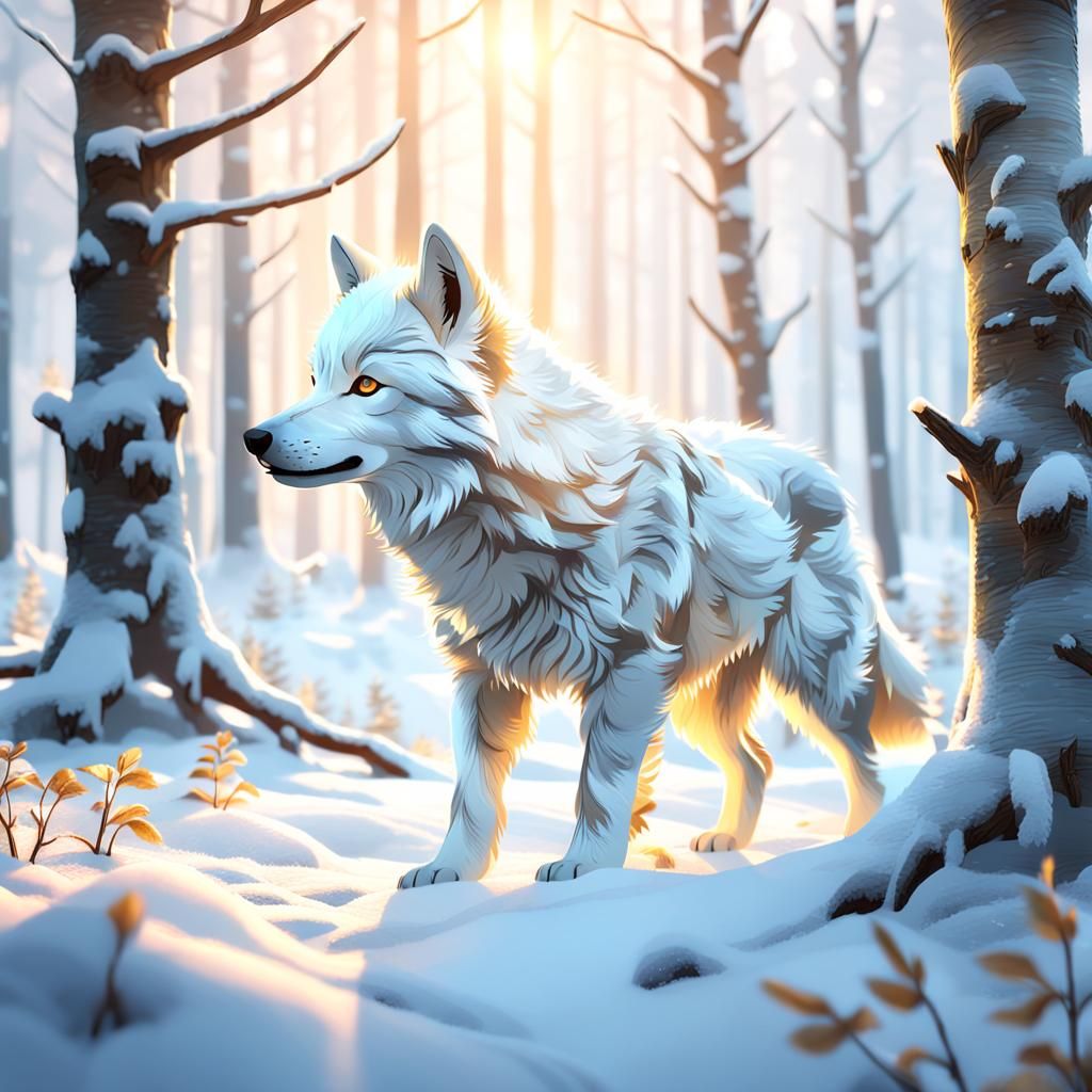 Snow Wolf Pup in Snowy Forest: Fantasy Matte Painting
