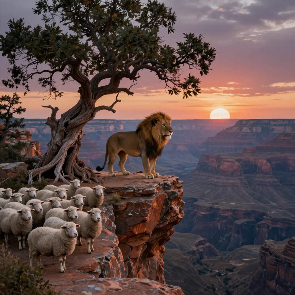 Majestic Lion on Precipice Overlooking Sheep in Twilight