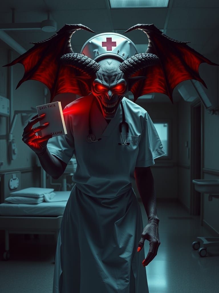 Evil Demon Nurse in Dark Hospital Room