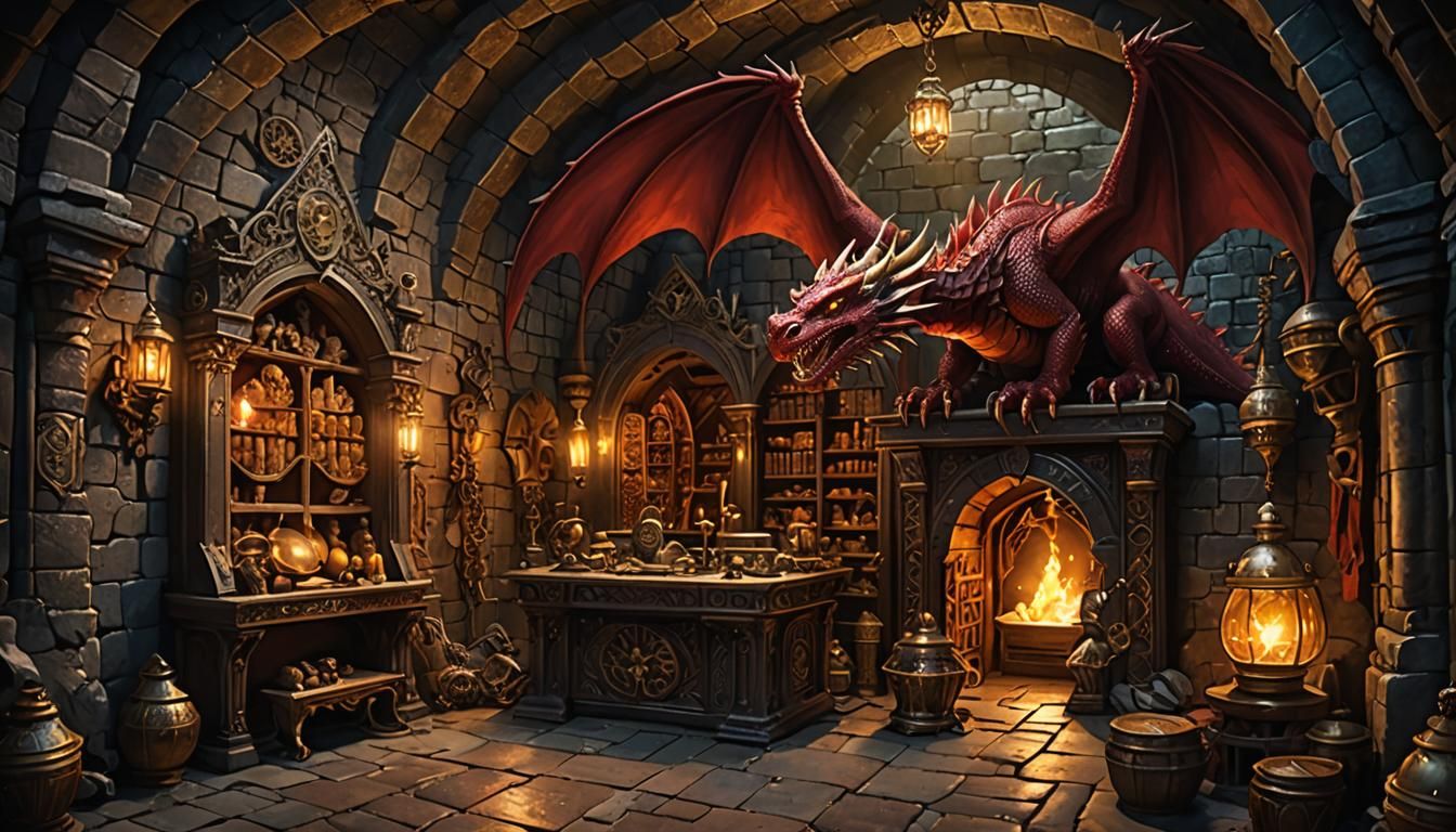 Crimson Dragon Sleeping in Lair with Hidden Treasure