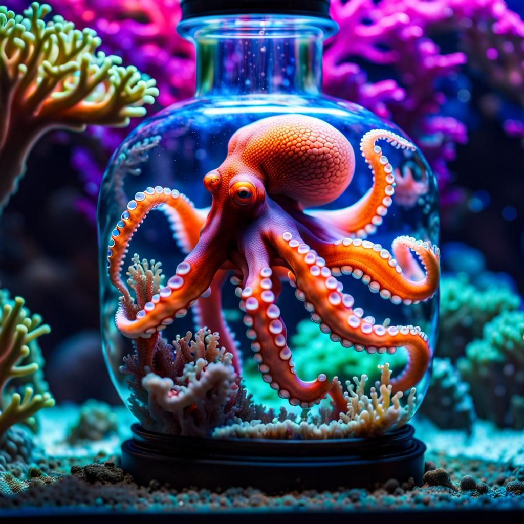 Neon Octopus Camouflage in a Bottle: Hyperrealistic Aquarium