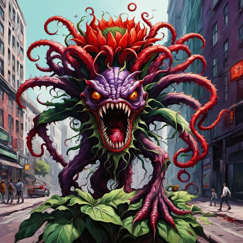 Surrealistic Cannibal Flower Terrorizes City Street in Hyper...
