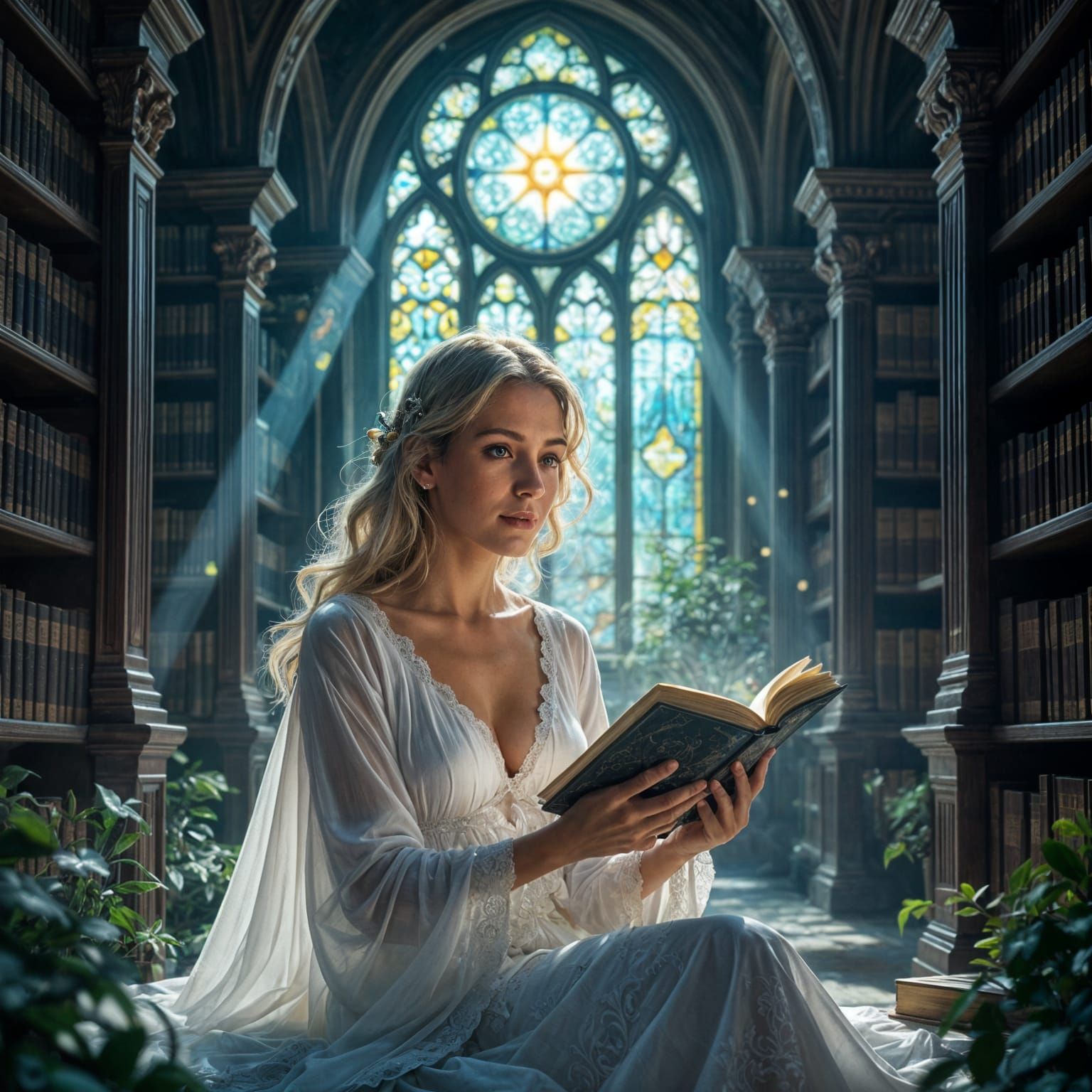 Woman Lost in Thought in Ancient Library