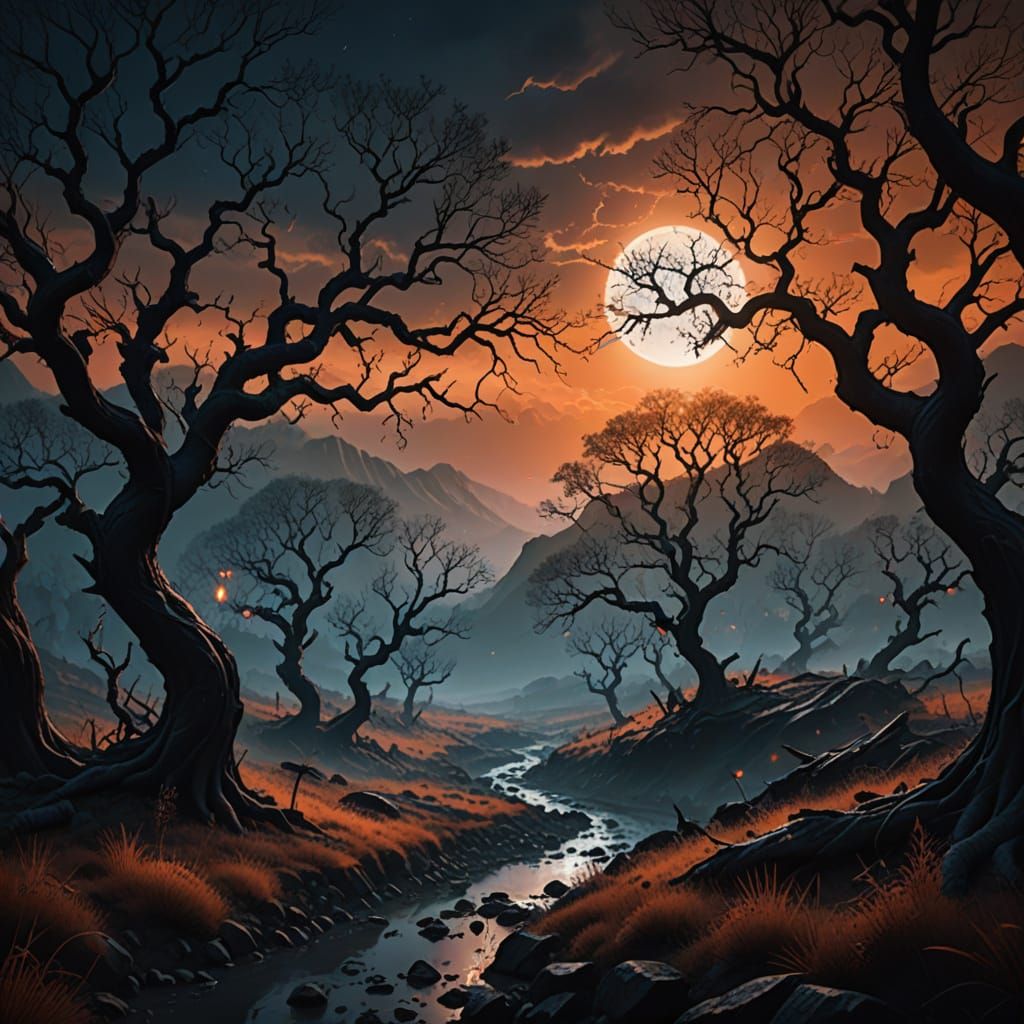 Mystical Black Blood Moon Valley Landscape