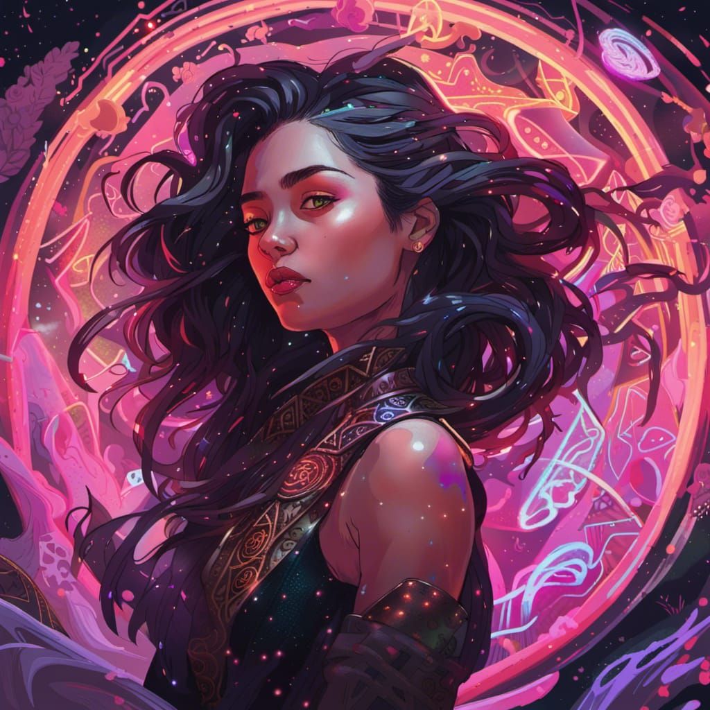 Woman Surrounded by Glowing Runic Magic