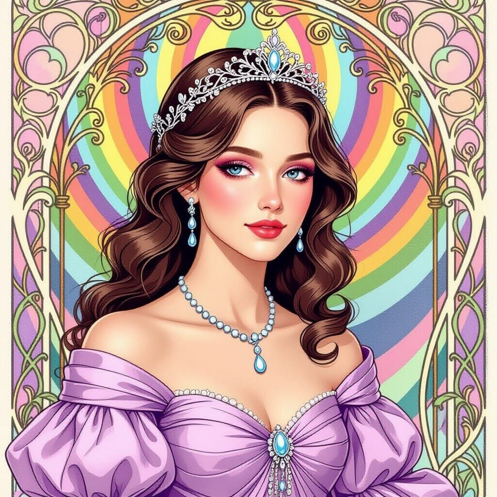 Art Nouveau Noble Portrait in Pink-Purple Gown