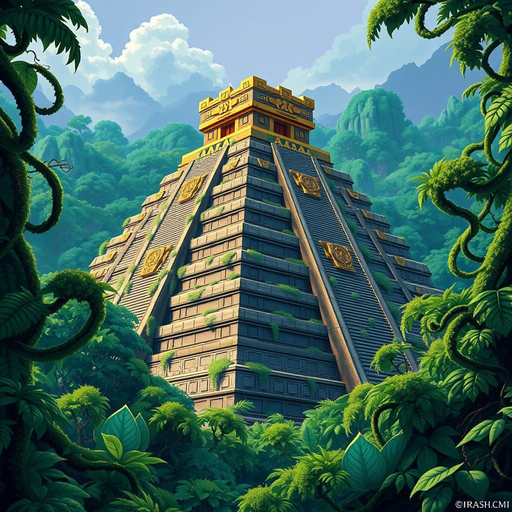 Lush Aztec Pyramid with Golden Carvings in Ghibli Style