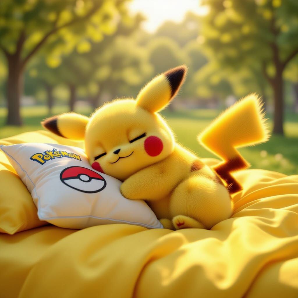 Fluffy Long-Haired Pikachu Sleeping on Pillow