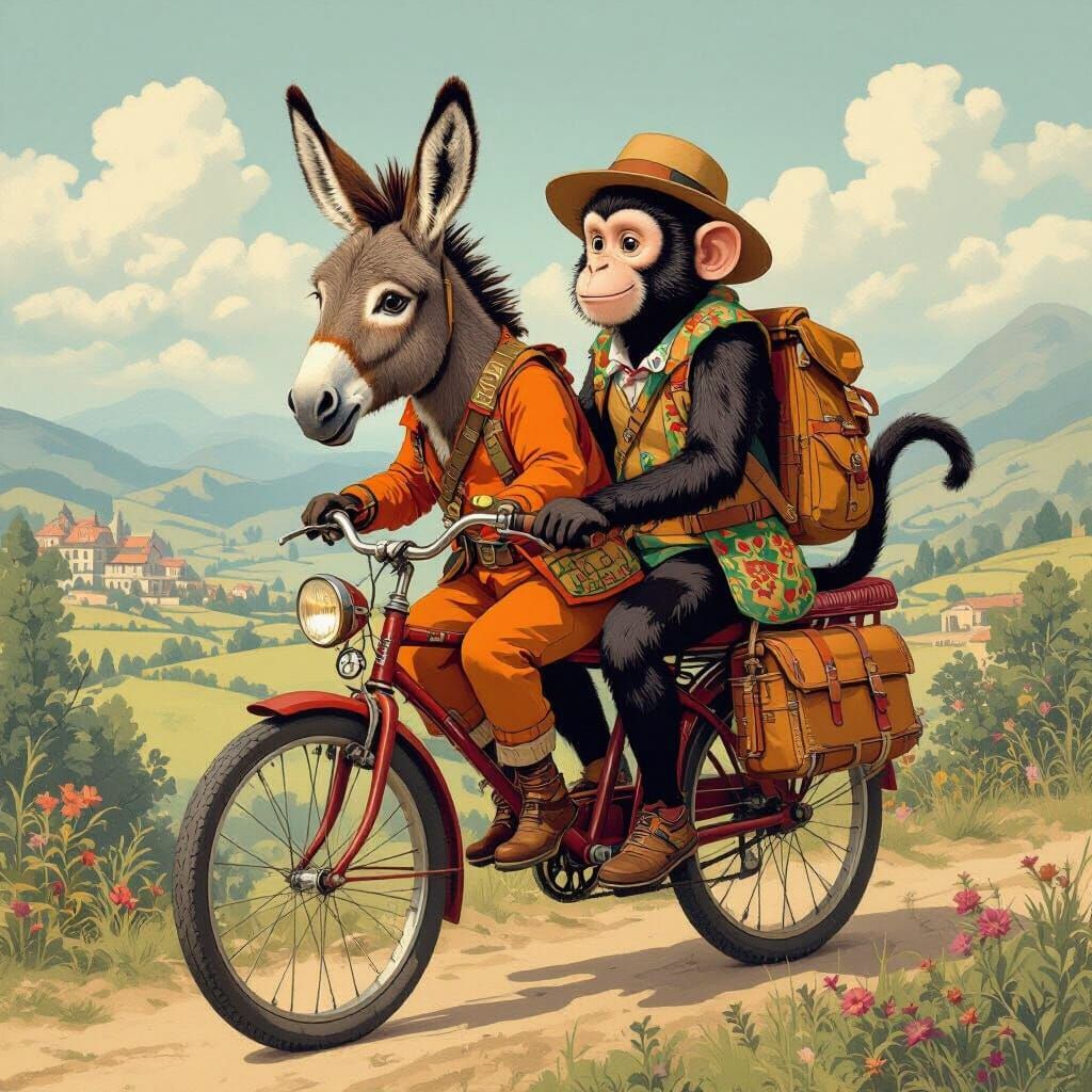 Donkey and Monkey's Bicycle Adventure in Whimsical Style