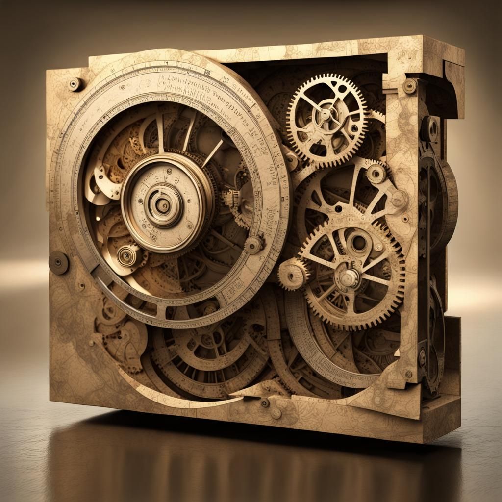 Cutaway 3D model of The Antikythera Mechanism, showcasing an...
