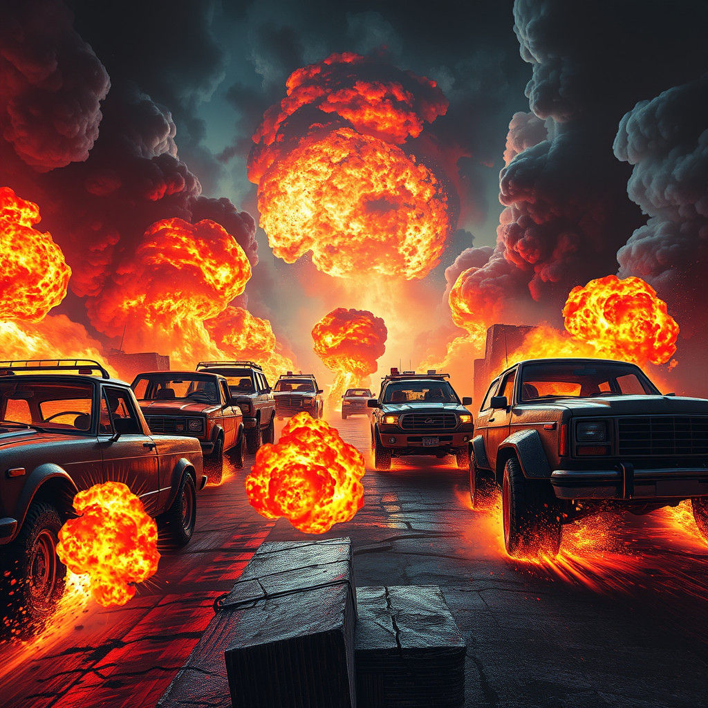 Explosive Vehicle Inferno in Gritty Urban Landscape