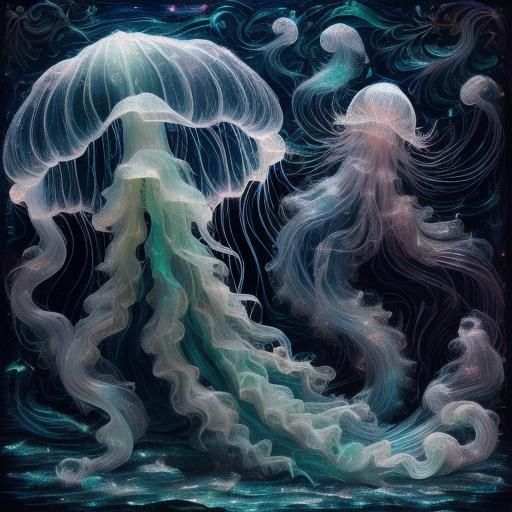 Bioluminescent Jellyfish in Dark Underwater World