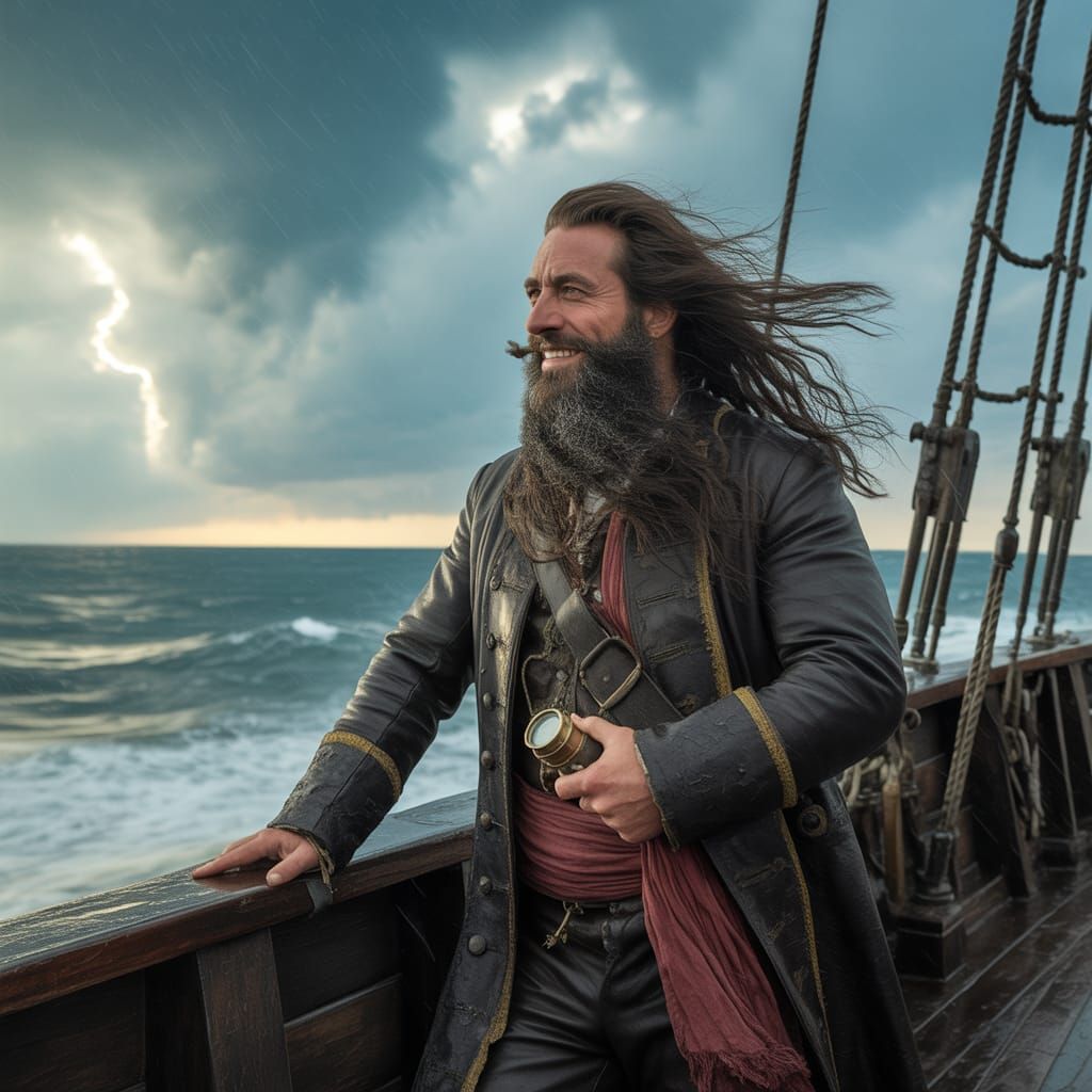 Pirate Captain Overlooking Stormy Sea, Romanticism Style