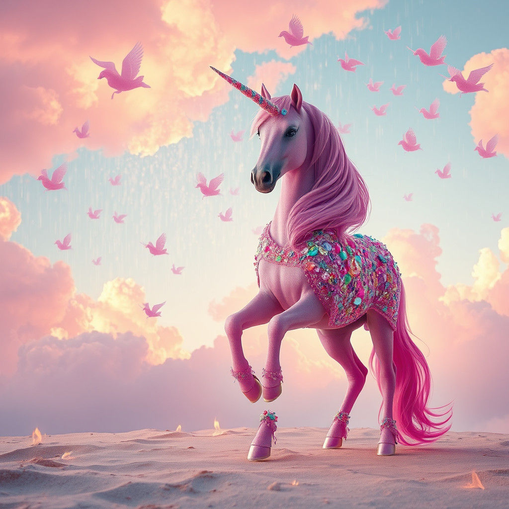 Pink Unicorns and Pegasus in Gemstone Sky