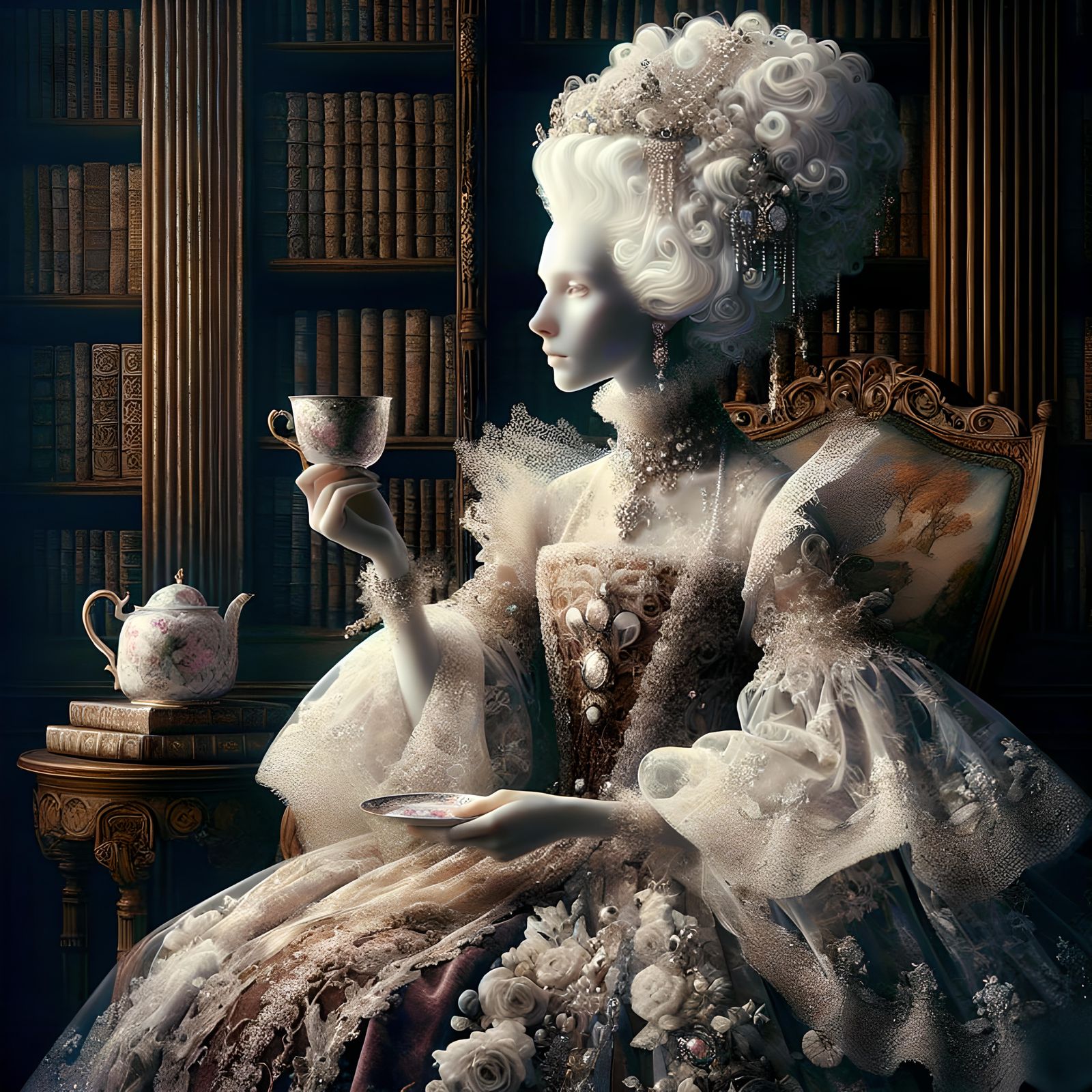 Ghostly Renaissance Lady in Antique Library