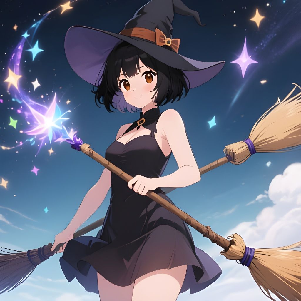 Anime Witch Gazes at Enchanted Magical Brooms