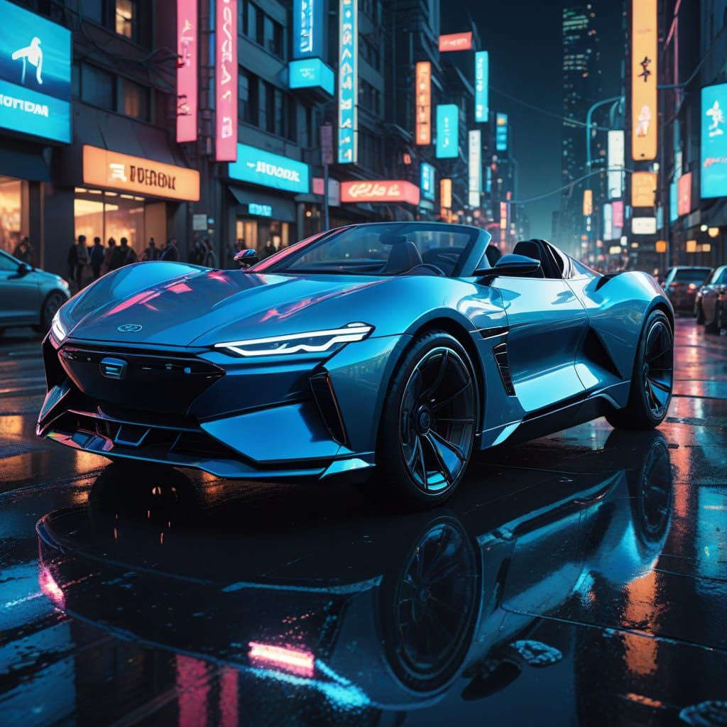 Futuristic Convertible Flies Over Neon City