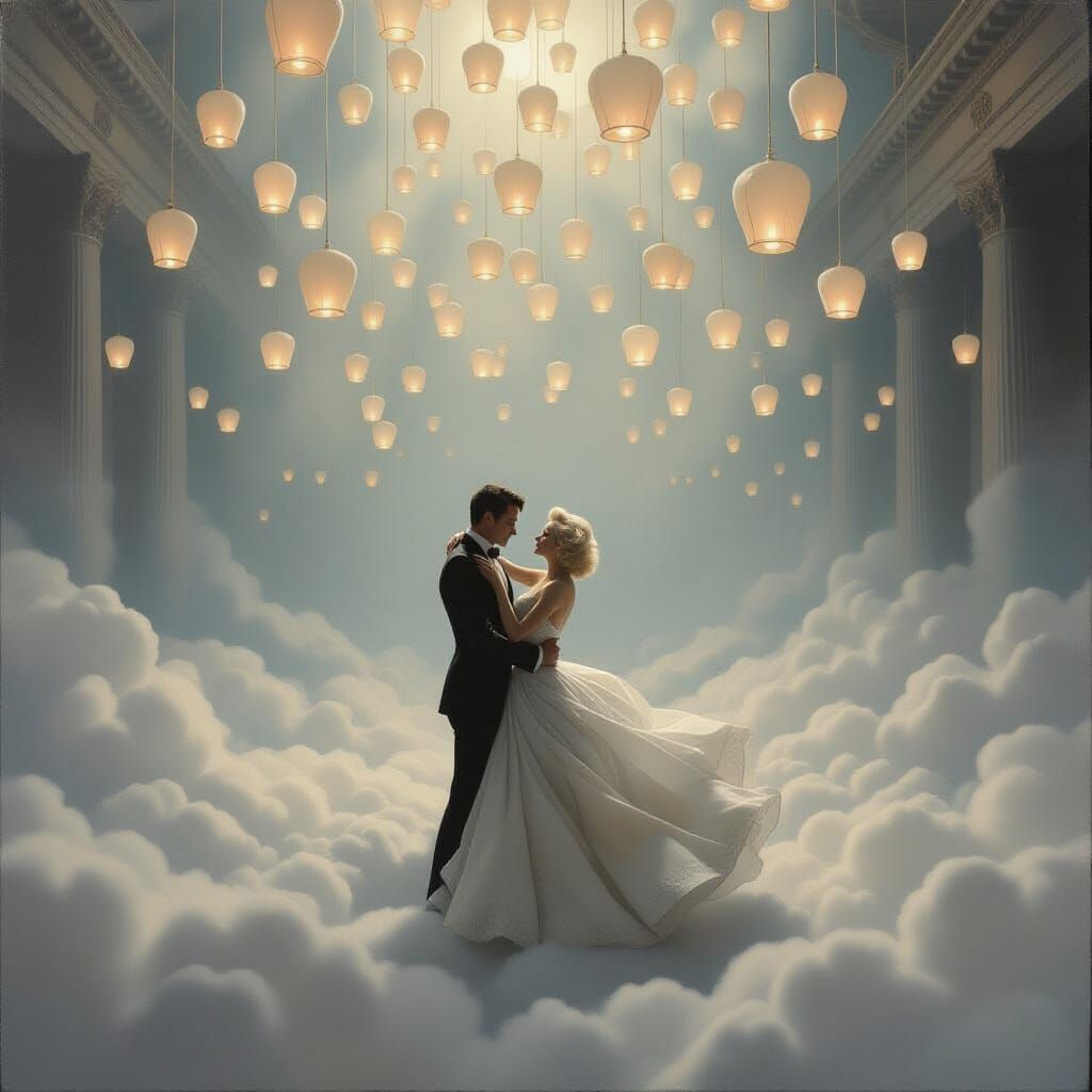 A grand, ethereal ballroom floats serenely amongst the cloud...