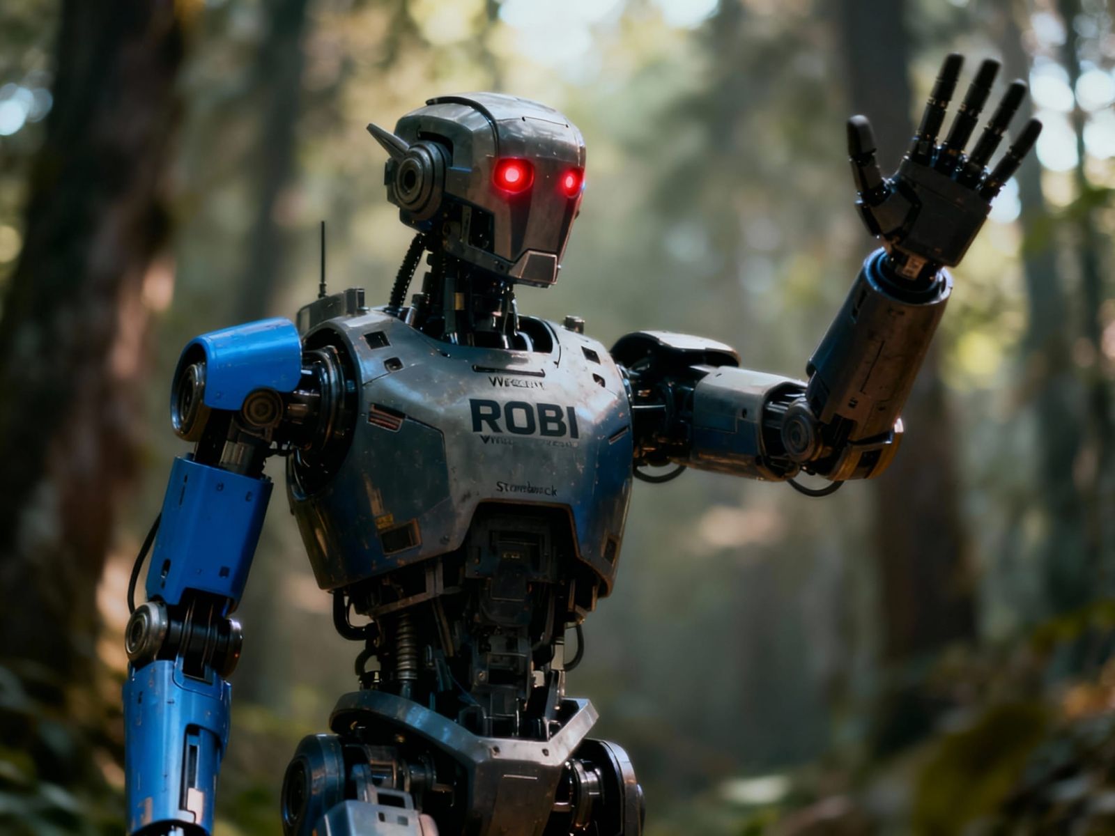 Robot Waves in Blurred Forest, Cinematic Film Style