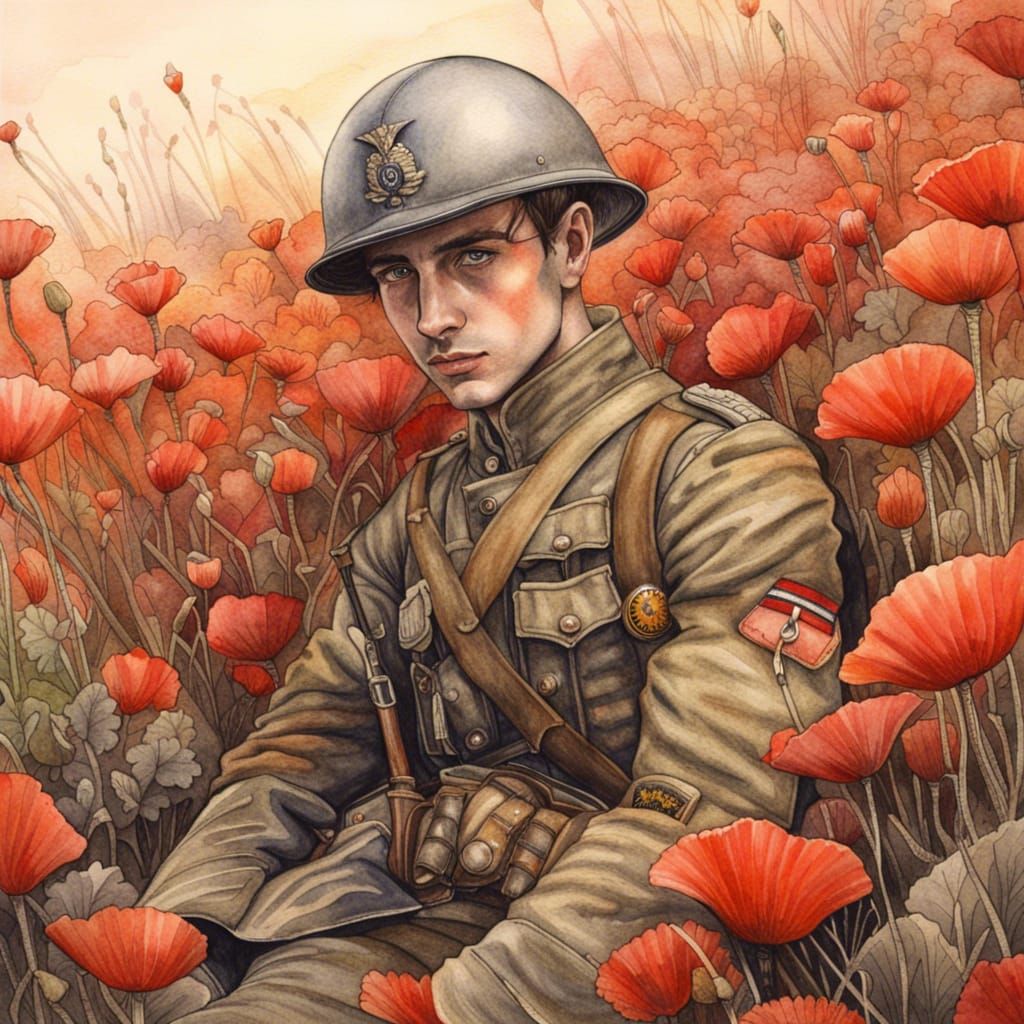 Young Soldier in Poppies: Watercolour Line Art
