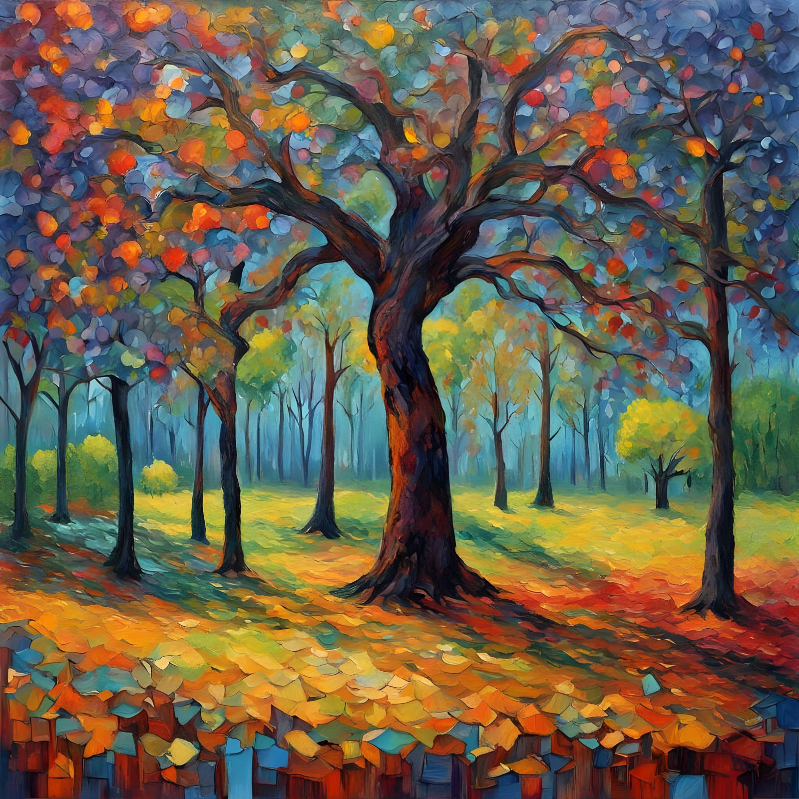 Surreal Landscape of Trees in Neo-Impressionist Style