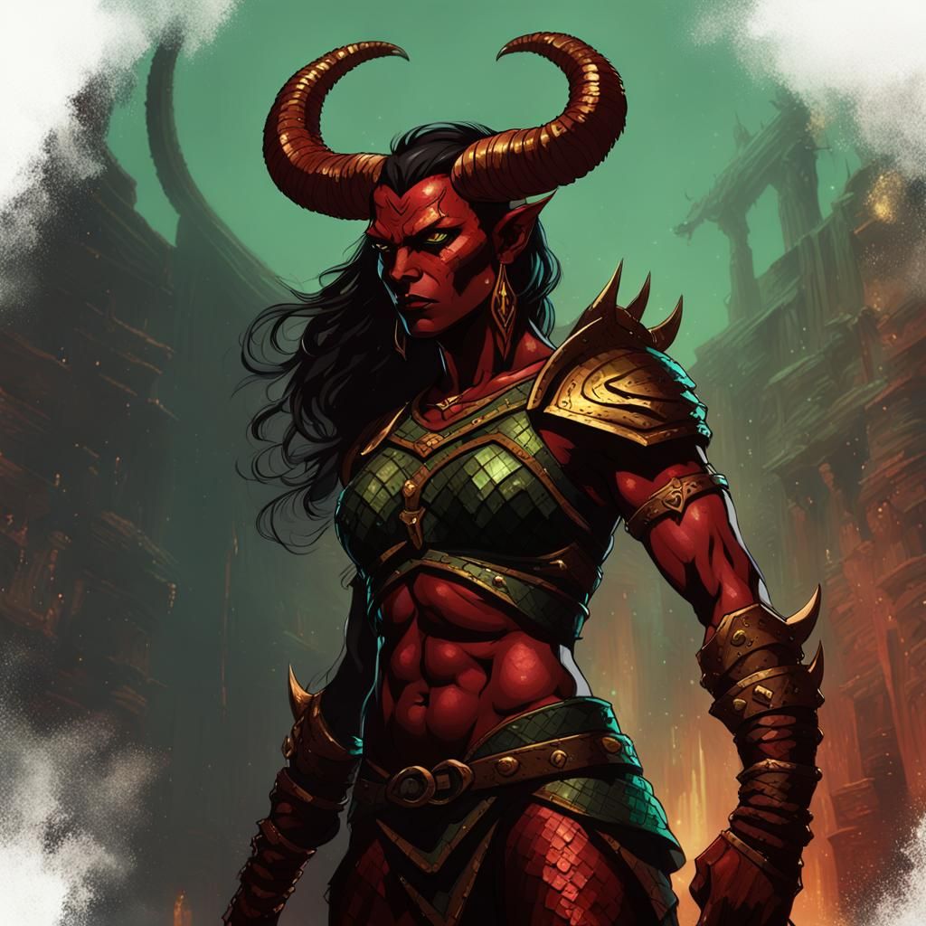 Tiefling Barbarian Gladiator in Dark Fantasy Art Style