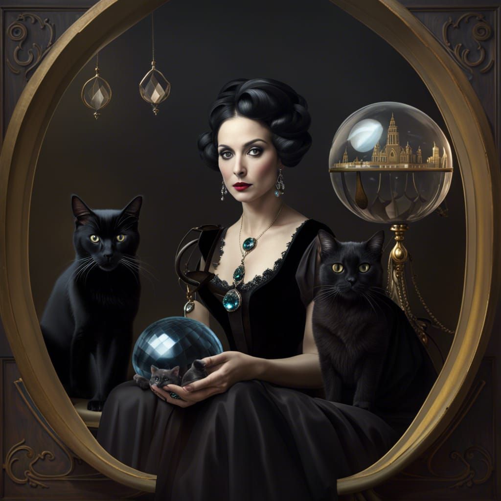 Gothic Portrait: Woman with Black Cats and Crystal Ball