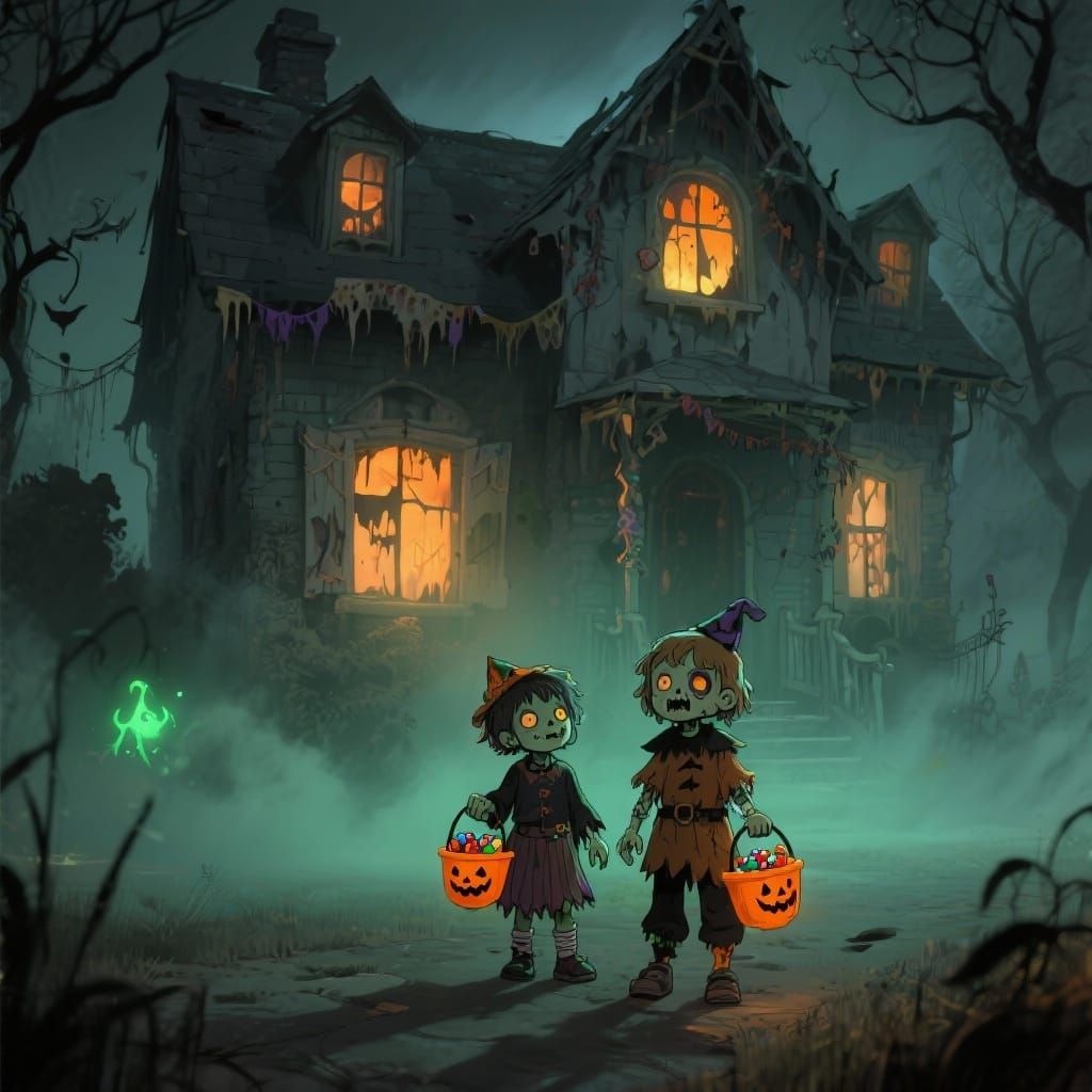 Zombie Children at Haunted House in Halloween Costumes