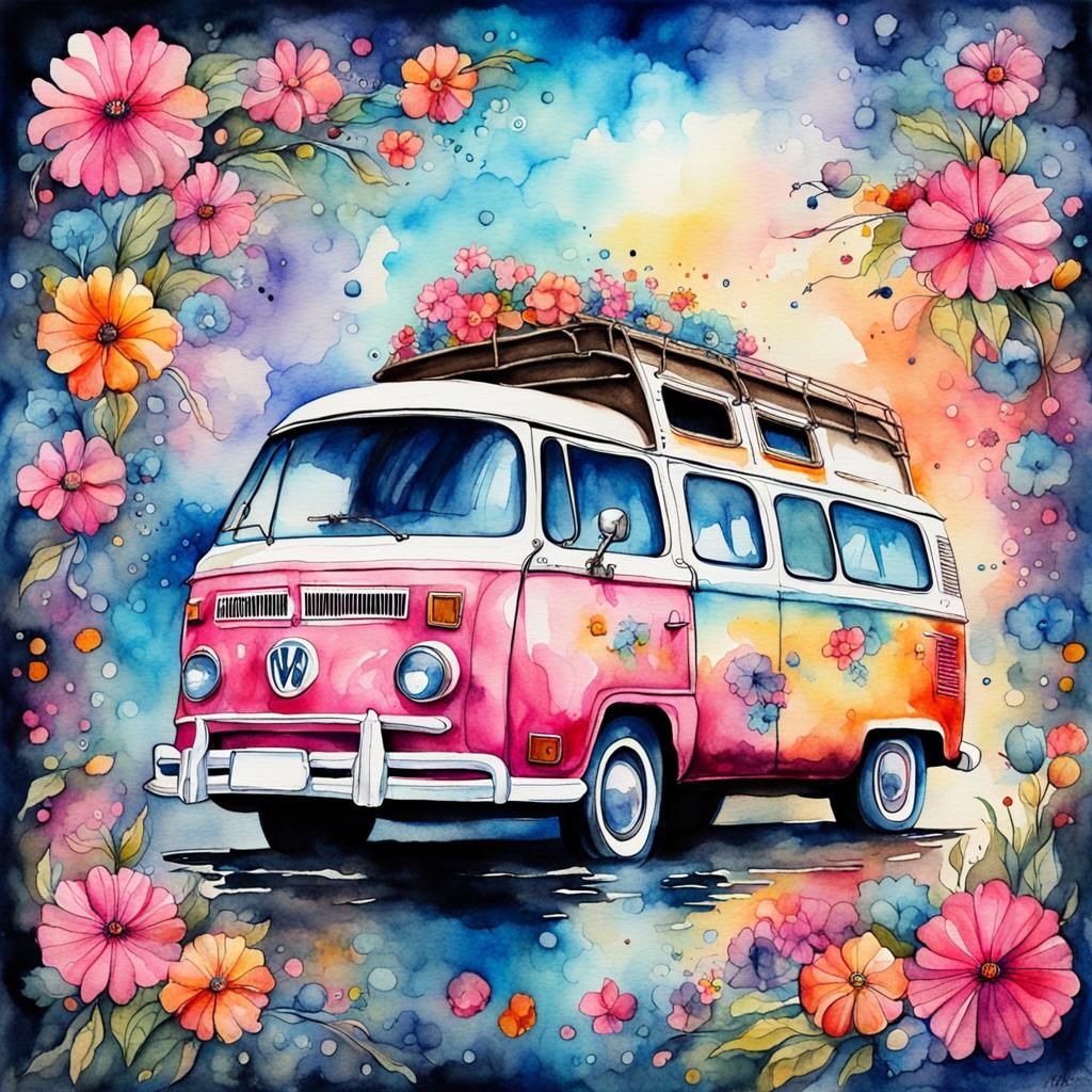 Groovy Vintage Van Watercolor Painting with Floral Design