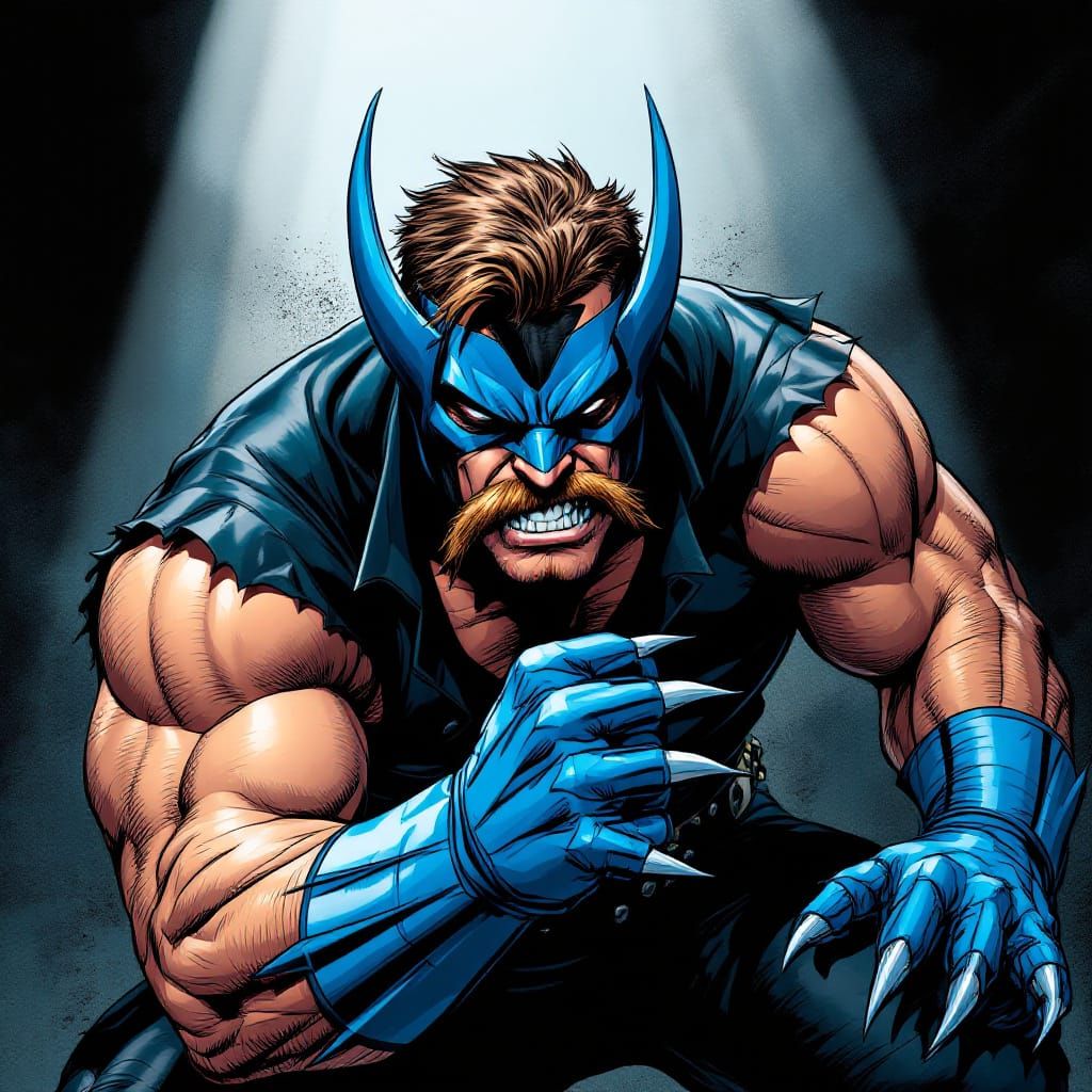 Comic Book Warrior in Blue Mask and Leather