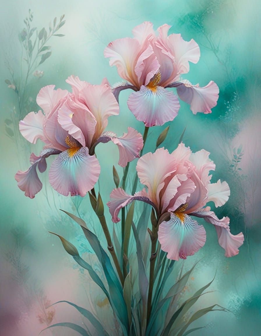 Serene Irises Bloom in Soft Pink and Aqua Watercolor Style