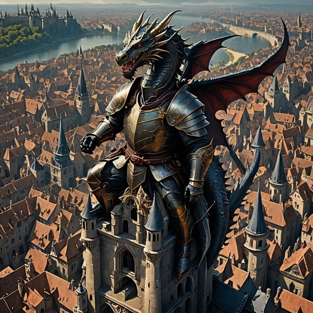 Medieval Air Knight and Dragon in Fantasy Concept Art