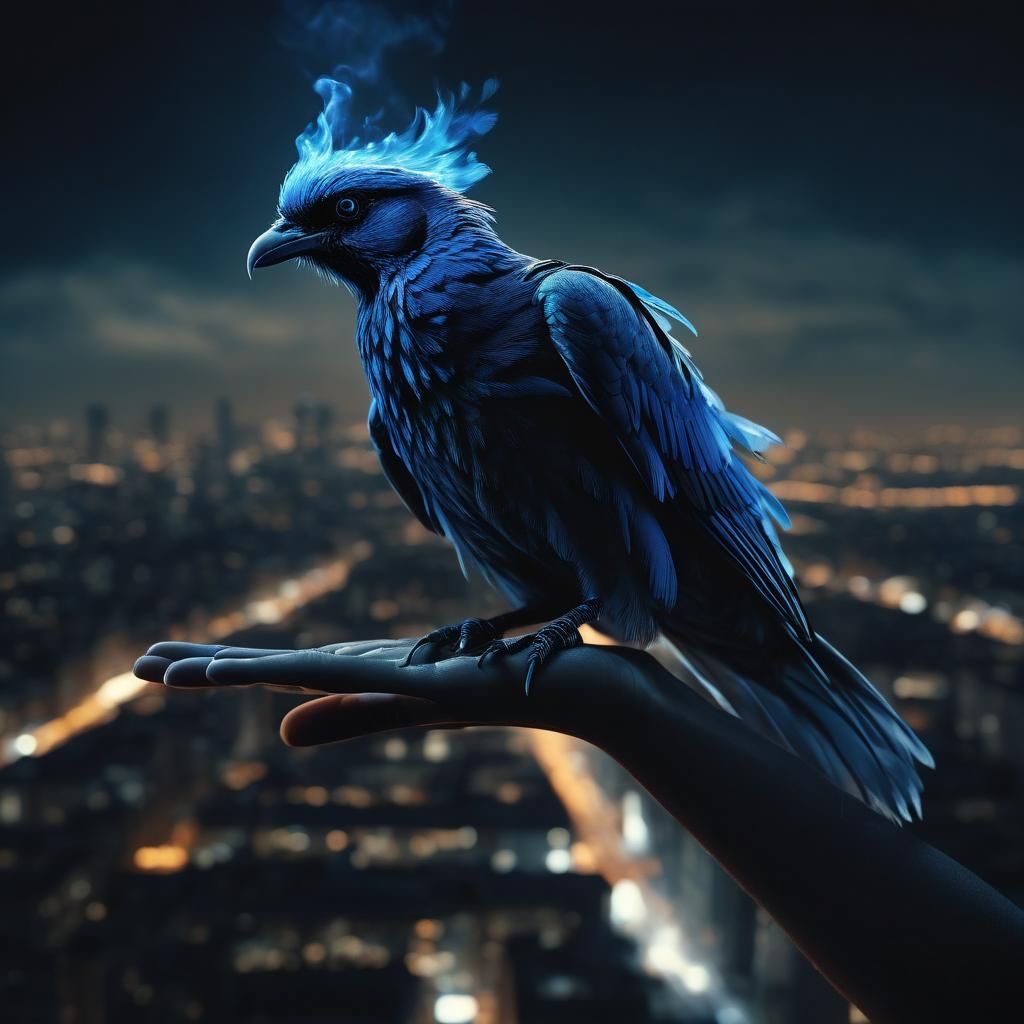 Bird Hand Ablaze in Cityscape: Cinematic Still
