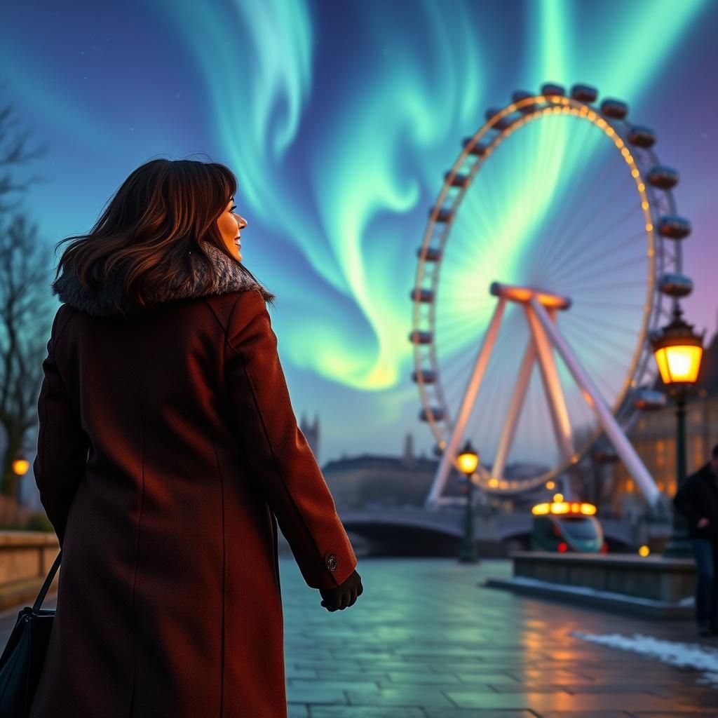 Couple Gazing at Northern Lights Over London Eye