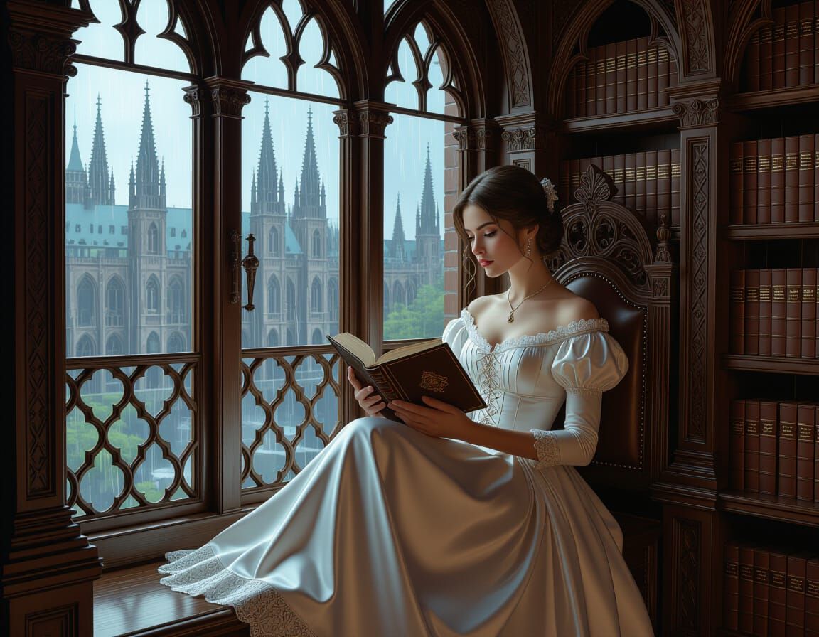 Gothic Library Scene: Woman Reading by Window