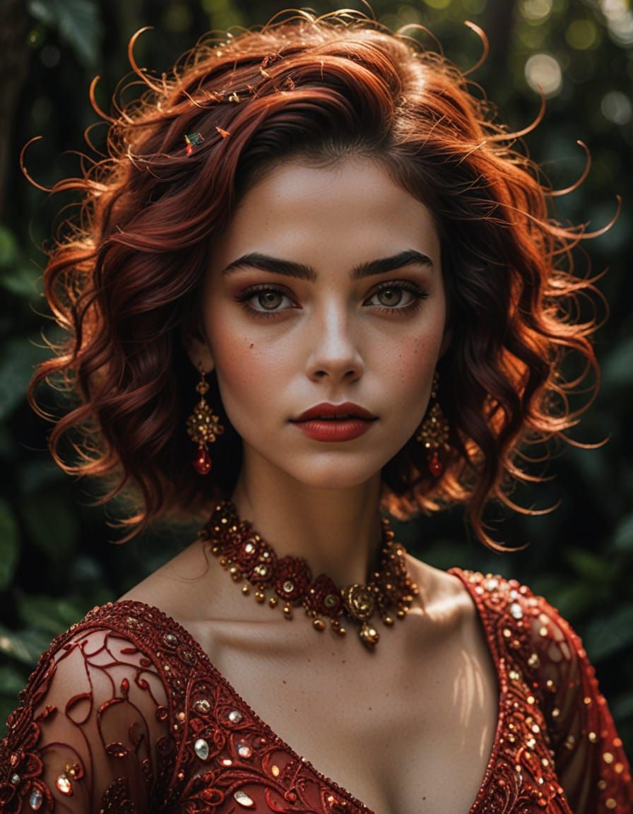 Ethereal Girl in Silken Red Cloak with Warm Smile