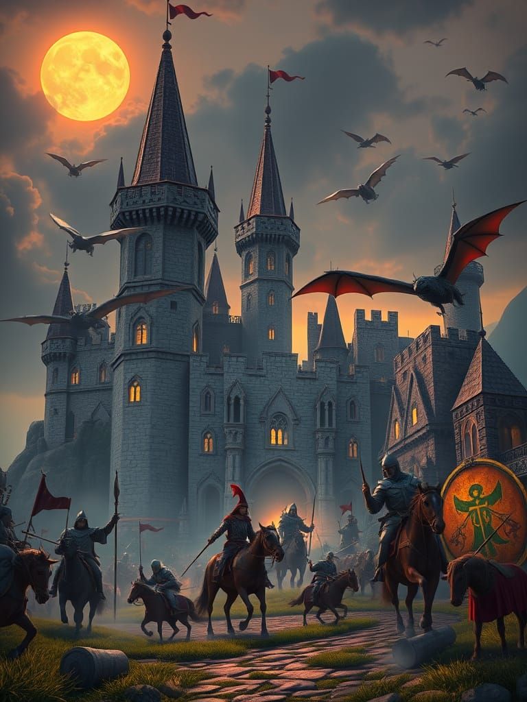 Fantasy Castle with Dragons and Knights in 3D