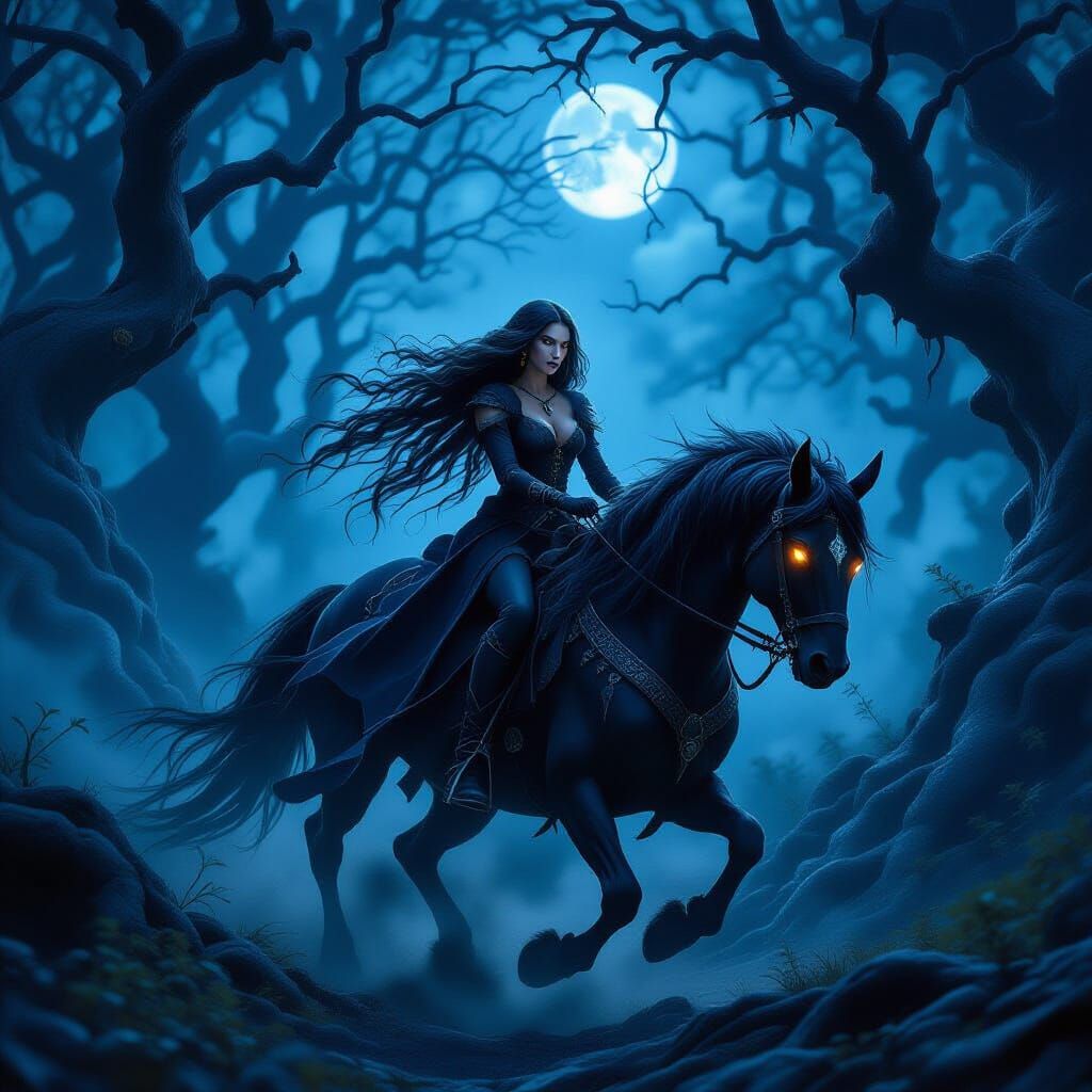 Forest Witch on Demonic Steed in Dark Fantasy Style