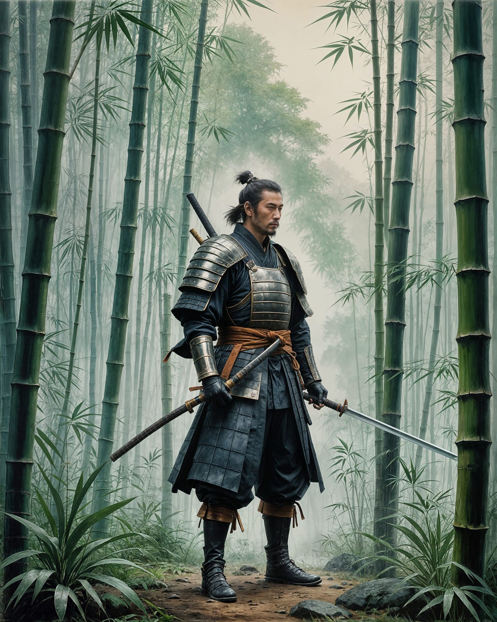 Samurai in Misty Forest, Gouache Watercolor Painting